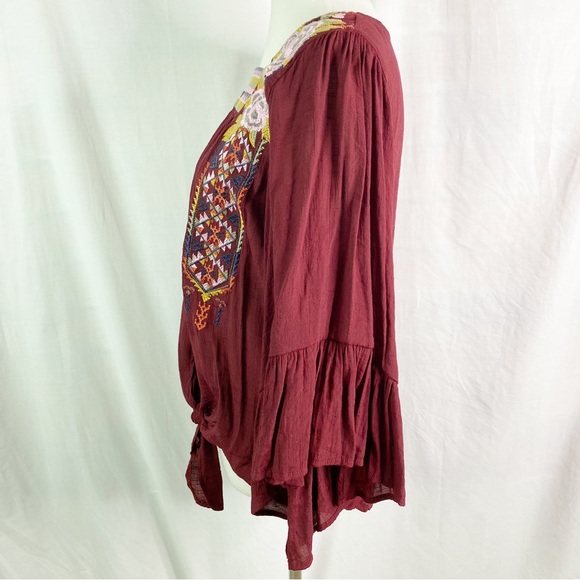 Entro Boho Southwest Embroidered Burgundy Red Flare Ruffle Sleeve Top Med - Picture 5 of 7